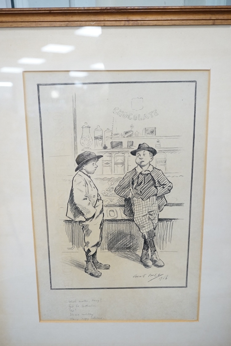 Three 20th century monochrome cartoons and caricatures, to include one by Kevin Kallaugher (Kal, b.1955), ‘Public opinion', signed and dated '86, one by Charles Ince 'Toothache', signed and dated 1906, largest 38 x 24cm.